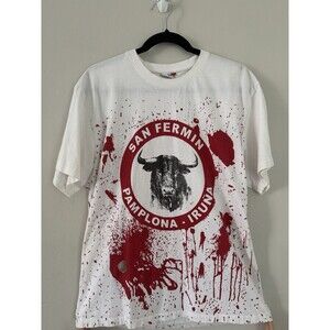 Running Of The Bulls XL San Fermin Pamplona IRUNA T-Shirt Hole Grunge Red Blood